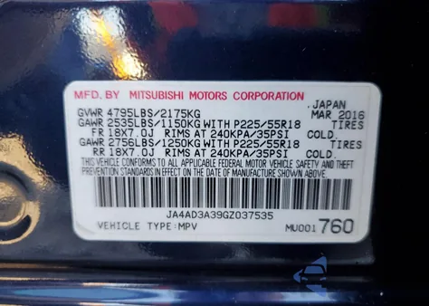 2016 Mitsubishi Outlander Se z USA, uszkodzony, nr VIN JA4AD3A39GZ037535